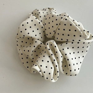 French vintage style white scrunchie with black polka dots in high quality chiffon fabric