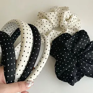 Vintage Polka Dot Hair Accessories Set For Women Fabric Scrunchies And Padded Headbands Retro Black White Hair Ties Headpiece