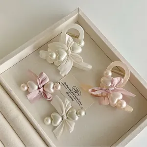 Elegante Haarspange Mit Satinschleife Und Herzform-Kunstperle Glänzende Haarnadel Für Damen Täglich Mode Haarschmuck