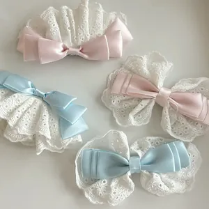 Vue à plat de nœuds papillon en satin rose et bleu avec volants en dentelle blanche et détails