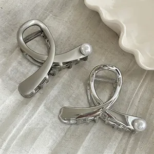 Pince à Cheveux en Métal Argenté Élégante pour Femme Barrette Minimaliste à Künstliche Perles Accessoire de Mode Capillaire