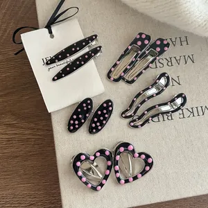 Cinq styles de barrettes à cheveux Y2K en métal à pois noir et rose émaillé