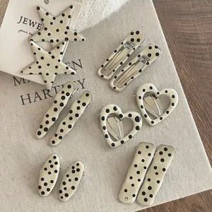 Sweet Preppy Polka Dot Metal Side Hair Clip Vintage Cream White Black Pink Enamel Geometric Heart Star Hairpins For Women