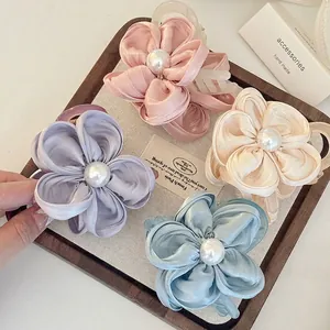 Eleganter Satin Blume Haarkralle Clip Mit Kunstperle Für Damen Französisch Romantisch Große Haifischspange Haarschmuck