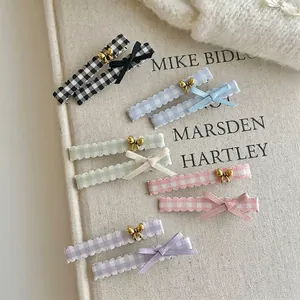 Sweet Gingham Plaid Bow Hair Clips Set For Women Ribbon Metal Bow Scalloped Edge Duckbill Clips Hair Accessories