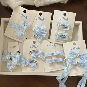 Blauwe Ruit Strik Haarspeld Set Met Kunstparel Kant Strass Decoratieve Stof Snap Clip Haarelastiek Voor Vrouwen Meisjes Haaraccessoires