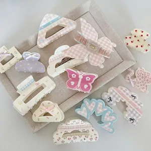 Sweet Floral Plaid Hair Claw Clips For Women Girls Acrylic Small Shark Clip Leopard Butterfly Bow Geometric Mini Hair Clips