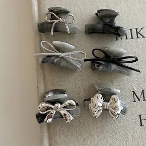 Women Elegant Acrylic Hair Claw Clip Marble Pattern Silver Bow Shark Clip French Style Back Of Head Hair Accessories