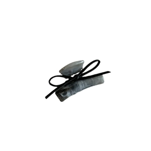Silver bow hair claw clip with grey marble texture and black ribbon for women