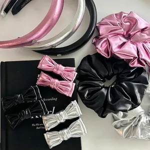 Metallic finish pink silver and black bow hairband scrunchie and clip set for women