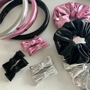 French Metallic PU Leather Headband Scrunchie Bow Hair Clip Set For Women Versatile Sweet Cool Style Hair Accessories