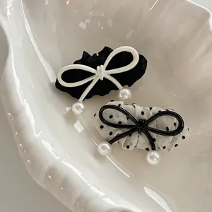 Sweet Polka Dot Artificial Pearl Bowknot Hair Accessory Elegant Mesh Fabric Duckbill Clips French Vintage Hairpin For Women Girls