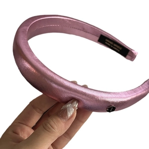 Pink glossy padded headband with handmade label and hexagon silver metal pendant charm