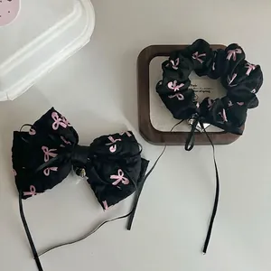 Sweet Cute Girl Fabric Bow Hair Clip Set Black Pink Bow Print French Vintage Spring Clip Hairpins With Bell Pendant