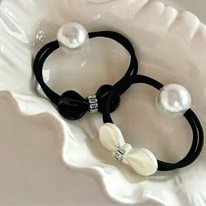 Elegant Bow Artificial Pearl Hair Tie Elastic Rubber Band Women Sweet Lace Ribbon Hair Accessories Rhinestone Scrunchie Ponytail Holder