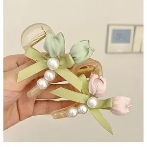 Koreanischer Stil Tulpe Blumen Haarklammer Mit Stoffblume Bandbogen Künstliche Perle Elegante Haarklammer Für Damen Accessoires