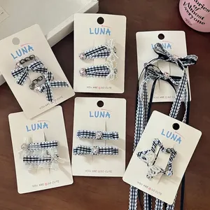 Sweet Plaid Lace Bow Hair Clip Set With Artificial Pearl Rhinestone Heart Balletcore Hairpin Accessory For Women Girls