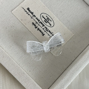 Macro detail of translucent lace bow hair clip with vintage acrylic texture design