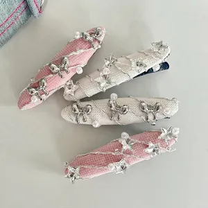 Pince à Cheveux Douce Coréenne en Maille Nœud en Métal Argenté Étoile Strass Fausse Künstliche Perle Pince à Bec de Canard Femme