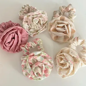 Elegant Large Rose Flower Fabric Scrunchie Handmade Gingham Floral Print Elastic Hair Tie For Women Girls Hair Accessories