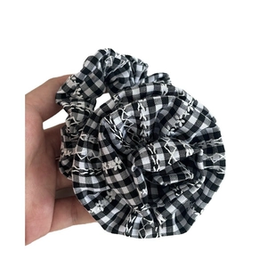 Large Gingham fabric rose hair scrunchie with layered black and white checkered pattern