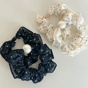 Korean Fashion Polka Dot Scrunchies With Imitation Artificial Pearl Chiffon Mesh Hair Ties For Women Daily Party Hair Accessories