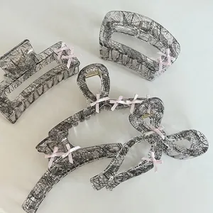 French Lace Bowknot Hair Claw Clip For Women Elegant Acrylic Shark Clip Sweet Transparent Resin Thick Hair Accessory