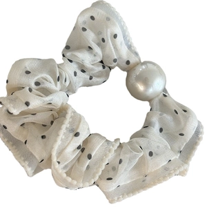 Chiffon polka dot scrunchie with large pearl accent for ponytail styling