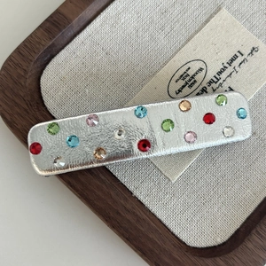 Sparkling crystal rhinestone leather bow hair clip with colorful gemstones for women