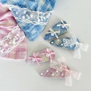 Vintage Plaid Lace Hair Clips For Women Girls Sweet Bow Fabric Hair Tie Scrunchies With Faux Artificial Pearl Elegant Hair Accessories