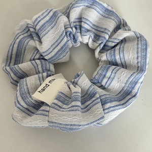 Blue striped cotton scrunchie with wavy embroidery and handmade label for hair