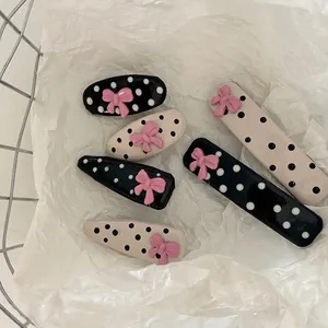 Sweet Cute Pink Bow Polka Dot Duckbill Hair Clip For Women Girls Leather Handmade Bangs Side Clip Hair Accessories