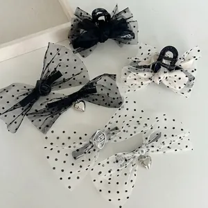 Elegant Korean style mesh bow hair clips with polka dots and vintage metal charms