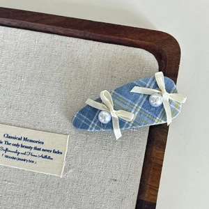 Blue plaid fabric hair clip with cream ribbon bows and faux pearls in vintage style