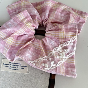 Pink plaid oversized scrunchie with floral lace edging and delicate faux pearls