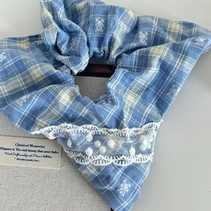 Blue plaid scrunchie with white bear embroidery, lace edges and pearls for women