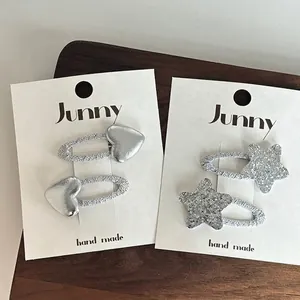 Barrettes à Cheveux en Cuir Argent Cœur Étoile Faites à la Main Clips BB Pailletés pour Femmes Filles Accessoires de Mode