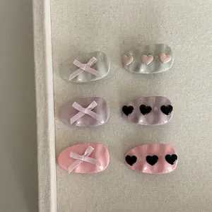 Sweet Korean Style Fabric Ribbon Bow Heart Hair Clip Pink Purple Grey Duckbill Clips For Women Girls Fashion Daily Hair Accessories