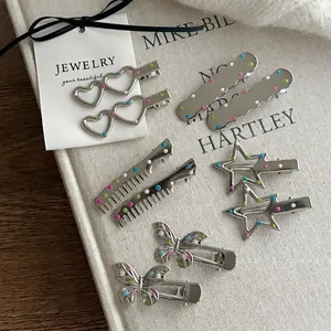Fashion Silver Alloy Hair Clip Colorful Polka Dot Heart Star Butterfly Shapes Cute Duckbill Clip Hair Accessories For Women