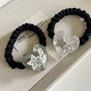 Chouchou Élastique à Cheveux Élégant avec Pendentif Cœur Étoile Tissu Satin Künstliche Perle Strass Accessoires Cheveux Doux