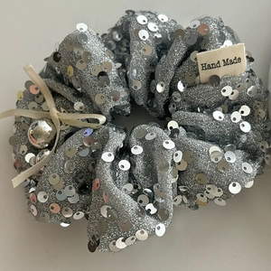 Silver sequin scrunchie with cream ribbon bow and metallic bead for women hair