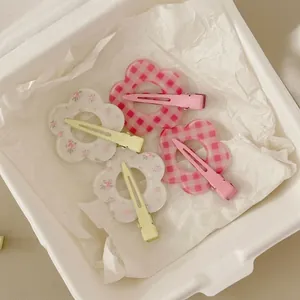 Sweet Acrylic Flower Hair Clip Women Girls Printed Gingham Floral Pattern Duckbill Clip Cute Korean Style Hair Accessories