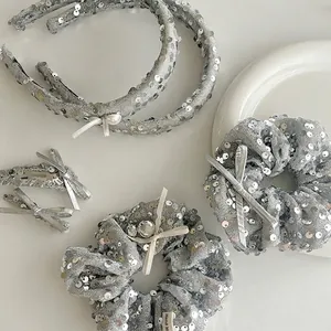 Silver Sequin Bow Hair Clips Elegant Shiny Handmade Ribbon Hair Pin Fashion Geometry Sparkly Hairpin Women Jewelry Accessories