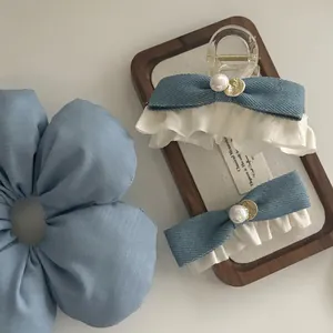 Denim Stoff Blume Haargummi Und Schleife Haarkralle Mit Kunstperlen Verzierung Für Damen Mode Haarschmuck
