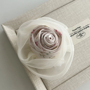 French pastoral rose flower hair clip with layered cream organza and floral fabric petals