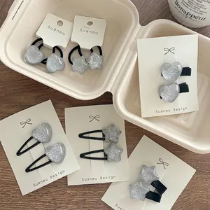 Pinces à Cheveux Étoile et Cœur à Paillettes Argentées pour Femmes Filles Pinces BB Géométriques en Acrylique