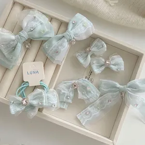 Ensemble de Pinces à Cheveux Nœud en Maille Bleu de Rêve pour Femmes Filles Doux Dentelle Strass Pendentif Accessoires