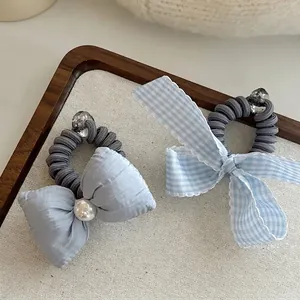 Korean Style Bow Telephone Wire Hair Ties Plaid Pattern Imitation Artificial Pearl Decoration Elastic Hair Bands For Women Hair Accessories
