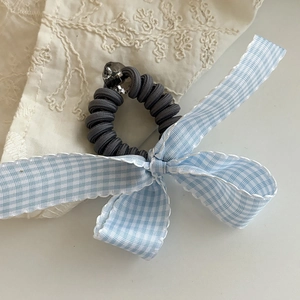 Pastel blue bow hair tie with spiral telephone cord and decorative pearl bead accessory