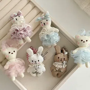 Sweet Plush Rabbit Bear Hair Clips Handmade Lace Mesh Skirt Animal Hairpins Artificial Pearl Heart Pendant Hair Accessories For Girls
